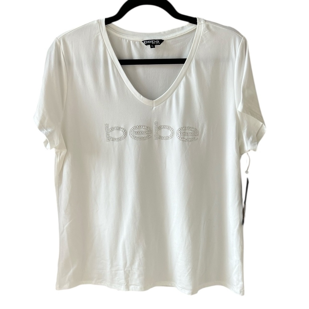 bebe New w Tag XL White Rhinestone Logo Tee V Neck